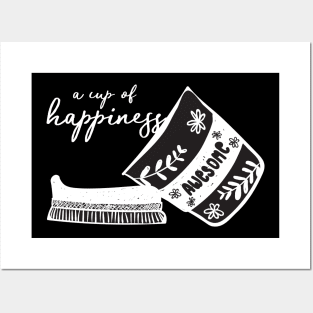 coffee cup take away with cup of happiness, doodle lino cut black and white minimal design Posters and Art